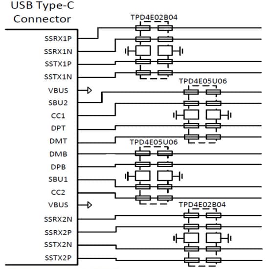 Schaltplan - Texas Instruments TPD4E02B04 Vierkanal-ESD-Schutzdiode